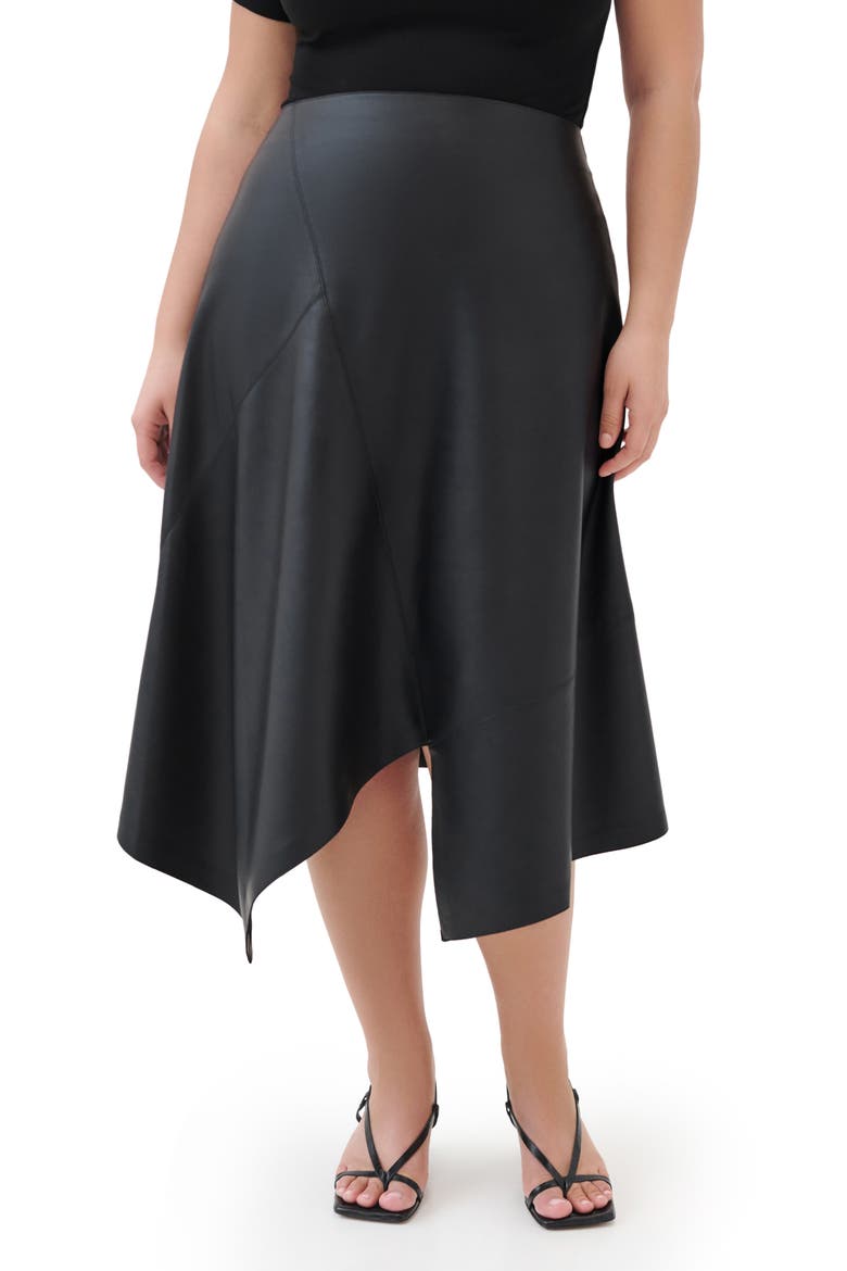 Coralie Asymmetric Hem Faux Leather Skirt, Alternate, color, BLACK