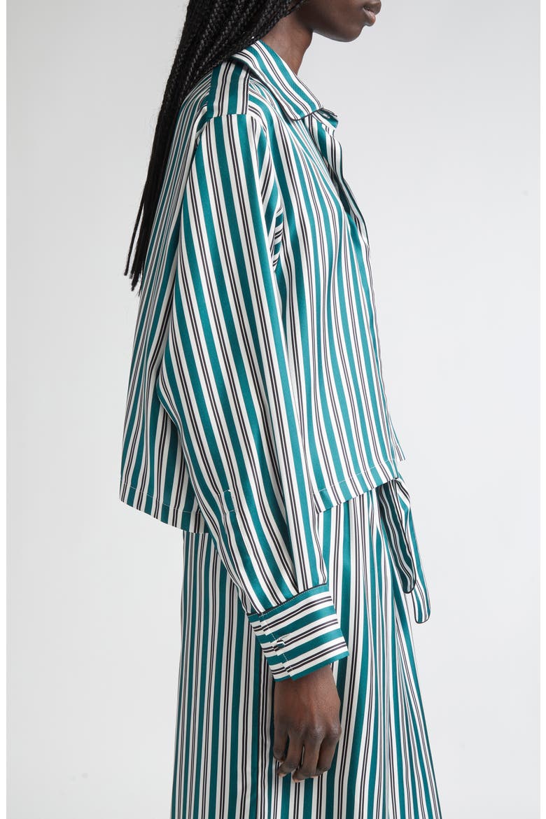 Brama Stripe Crop Silk Button-Up Shirt, Alternate, color, DARK GREEN