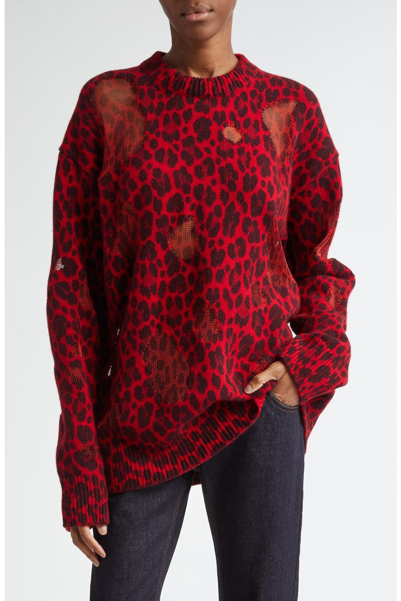 Leopard Jacquard Distressed Virgin Wool Blend Sweater, Main, color, LIPSTICK RED