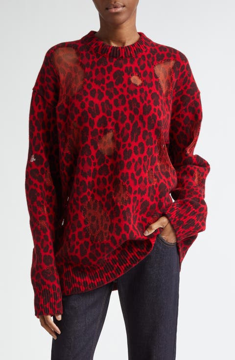 Leopard Jacquard Distressed Virgin Wool Blend Sweater
