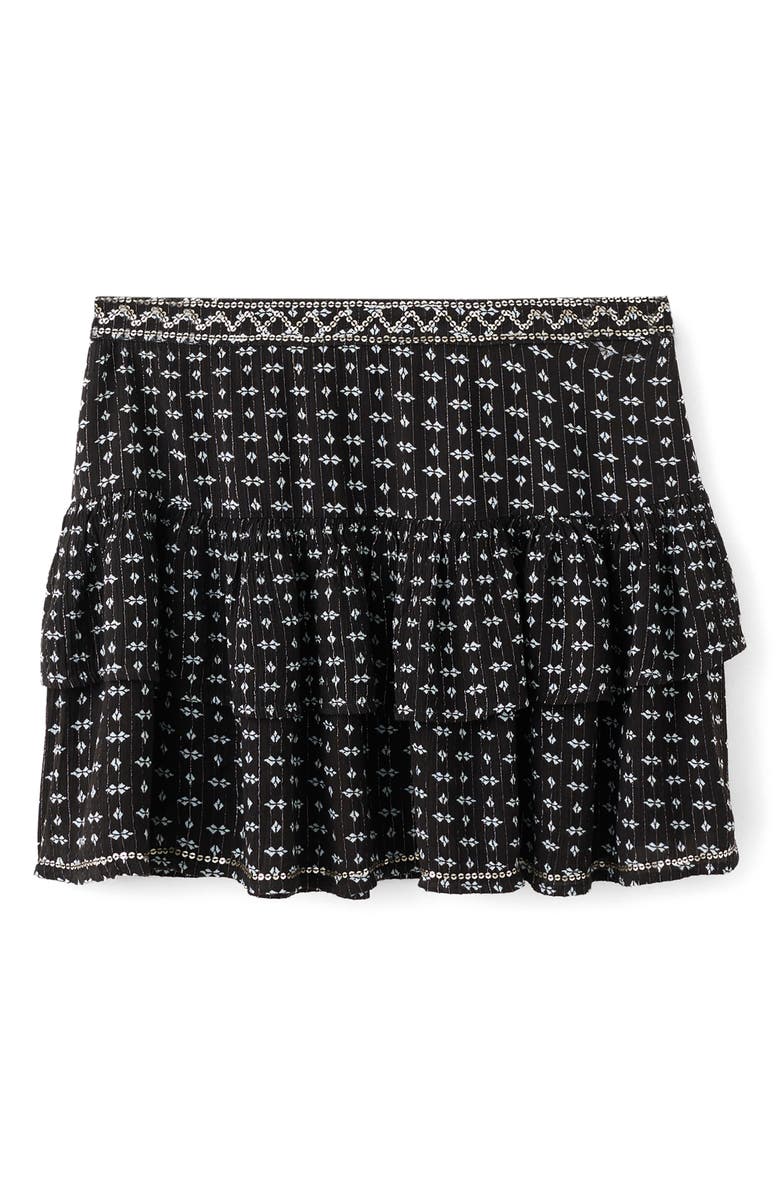 MANGO TEEN Print Sequin Layered Ruffle Miniskirt, Main, color, Black
