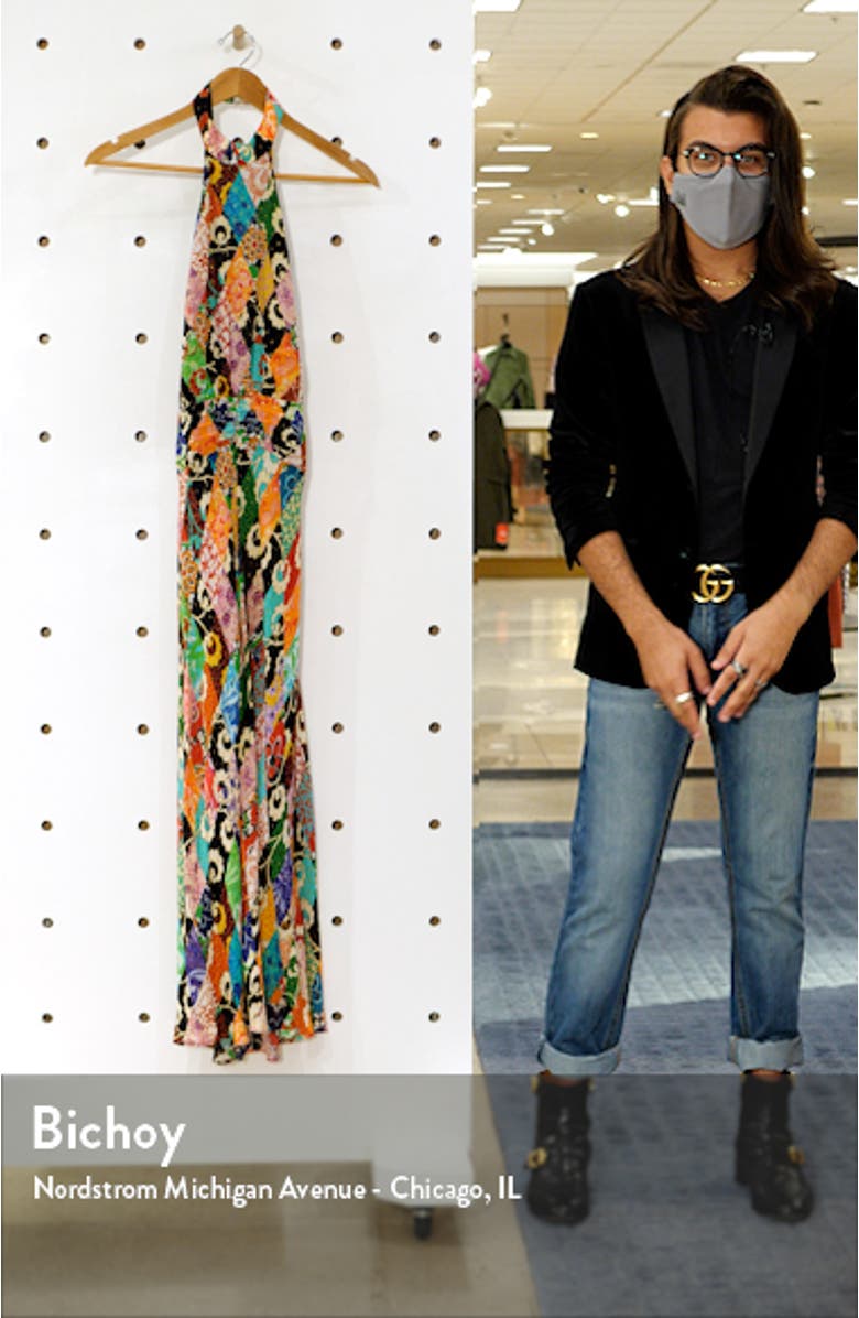 Kendra Metallic Fiber Pattern Mix Halter Neck Backless Maxi Dress, sales video thumbnail