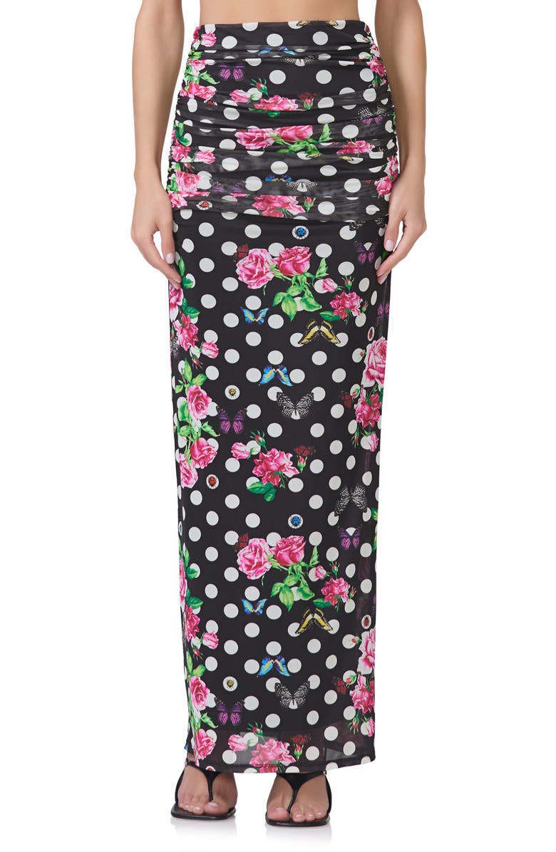 AFRM Bevin Print Ruched Powermesh Maxi Skirt, Main, color, 
