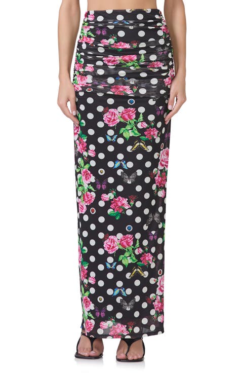 Bevin Print Ruched Powermesh Maxi Skirt