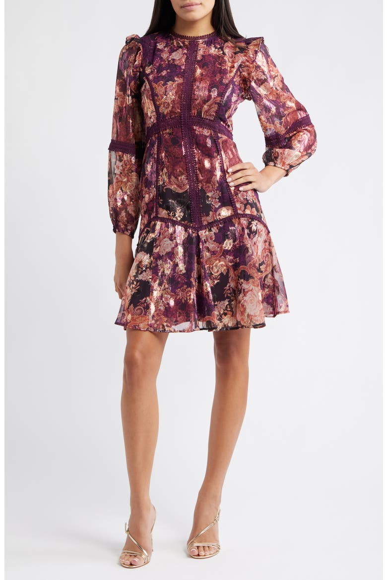 Lace Trim Long Sleeve Trapeze Dress, Main, color, WINE MULTI