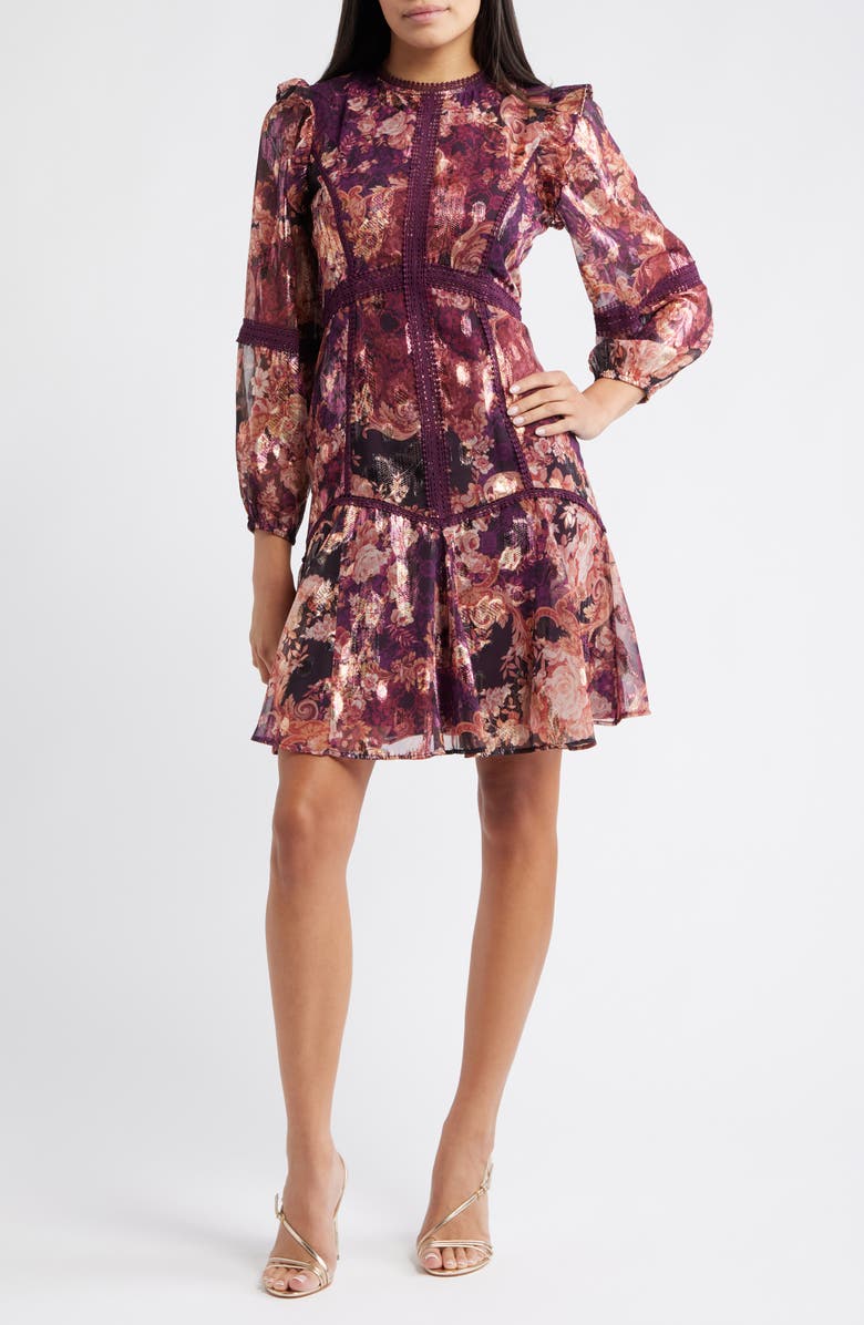 Eliza J Lace Trim Long Sleeve Trapeze Dress, Main, color, Wine Multi