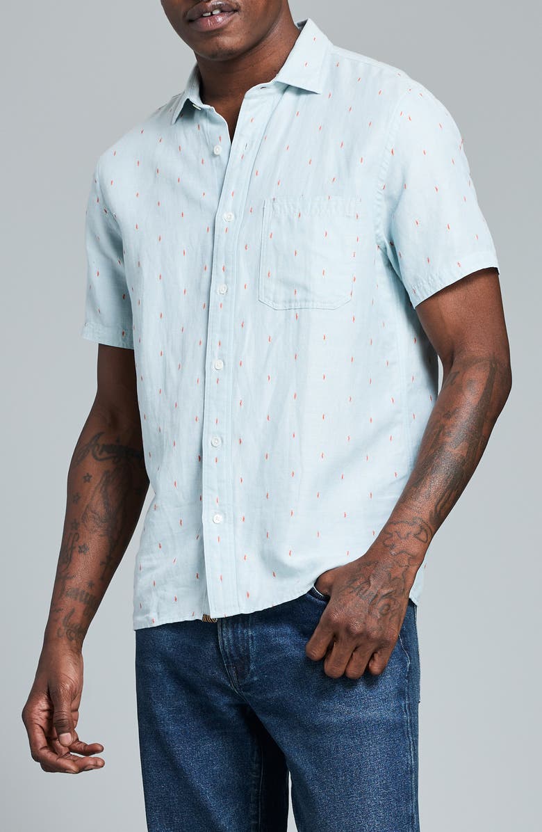 Billy Reid Treme Short Sleeve Linen & Cotton Herringbone Button Up Shirt, Alternate, color, Sky Blue