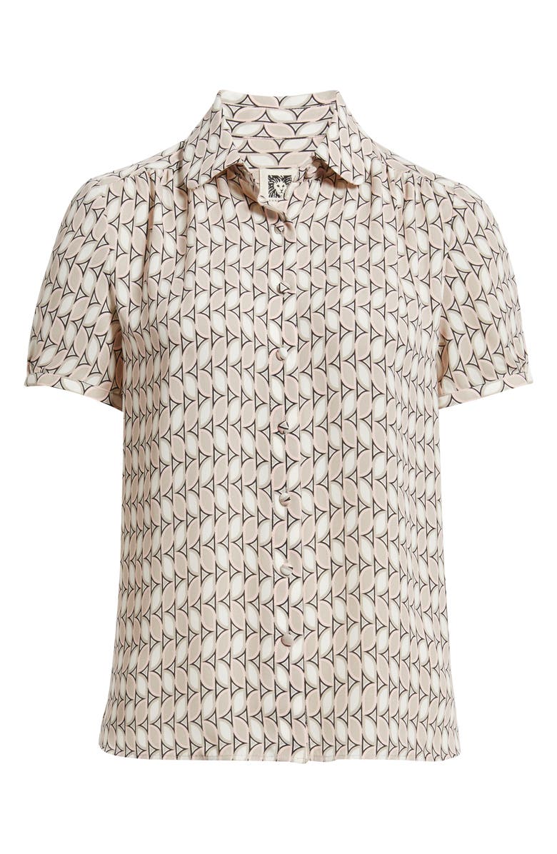 Anne Klein Shirred Short Sleeve Button-Up Shirt, Alternate, color, White Dove Multi
