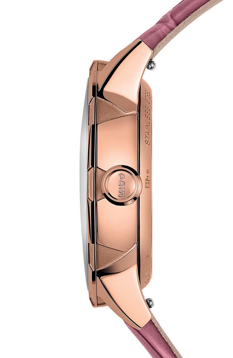 MIDO Rainflower Diamond Night Mode Automatic Leather Strap Watch, 34mm, Alternate, color, White Mother Of Pearl