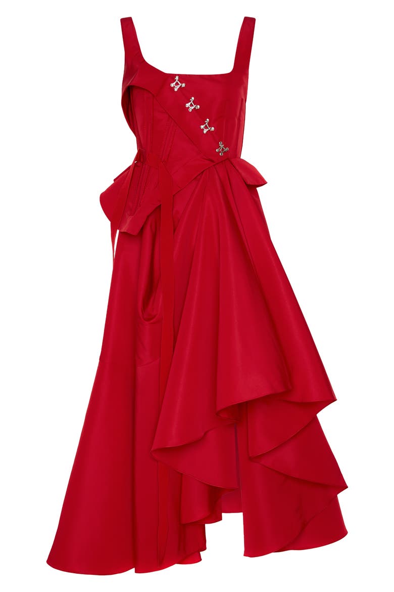 Hook Detail Asymmetric Drape Faille Dress, Alternate, color, WELSH RED