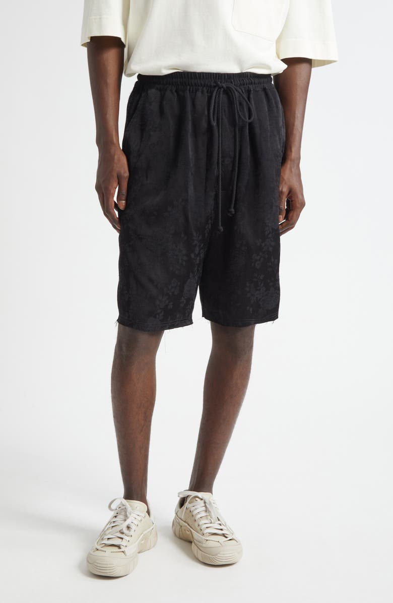 SONG FOR THE MUTE Raw Hem Elastic Waist Shorts, Main, color, Black