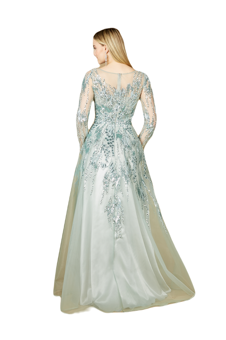 High Neck Lace Gown with Sheer Sleeves, Alternate, color, Seafoam