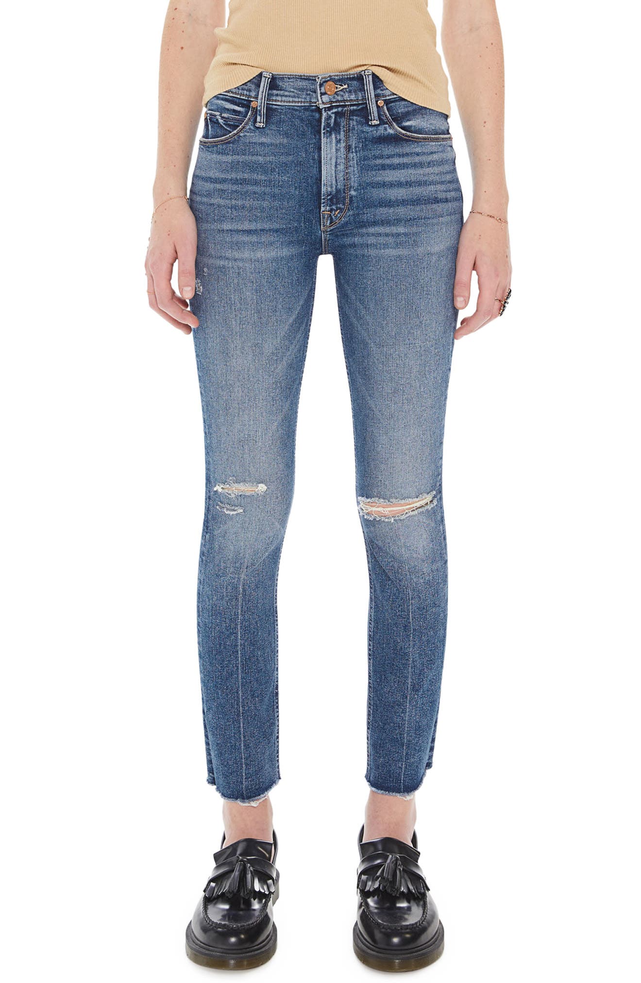 MOTHER The Dazzler Ripped Mid Rise Ankle Slim Jeans