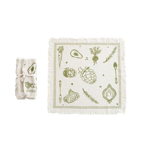 Cotton and Linen Napkins with Fringe Design, Green, Set of 4