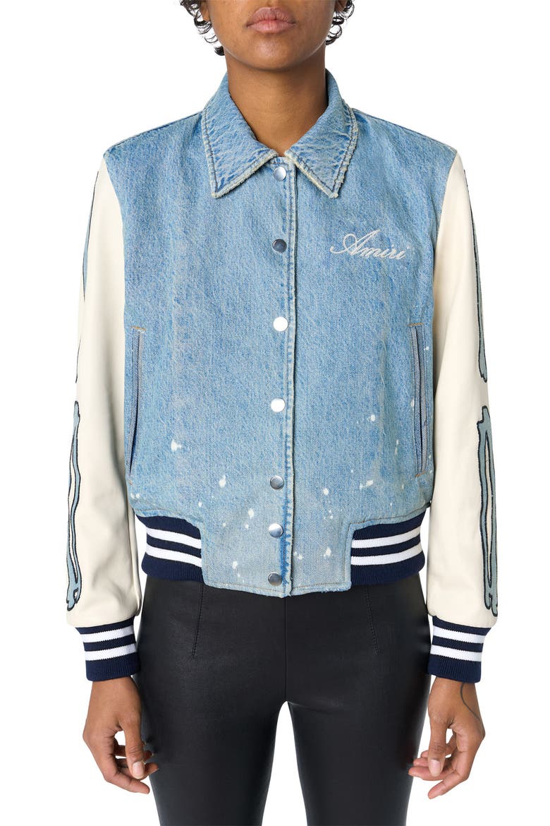 Bones Mixed Media Varsity Jacket, Main, color, ALABASTER BLEACH DESTROY