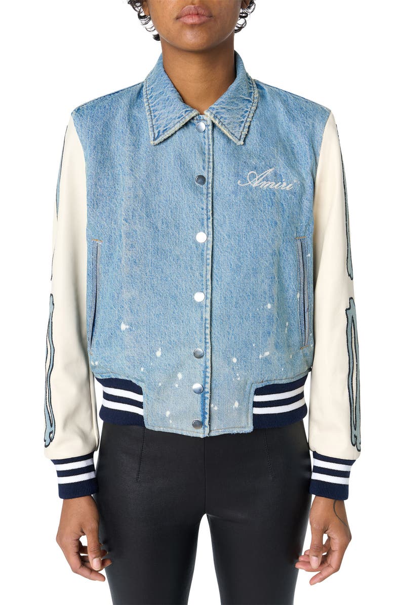 AMIRI Bones Mixed Media Varsity Jacket, Main, color,