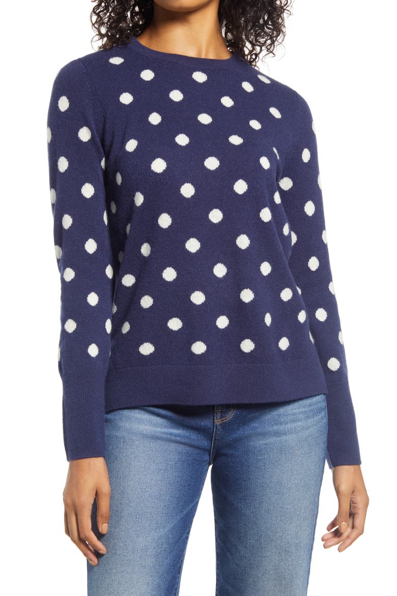 Dot Crewneck Cashmere Sweater, Main, color, NAVY- IVORY DOT