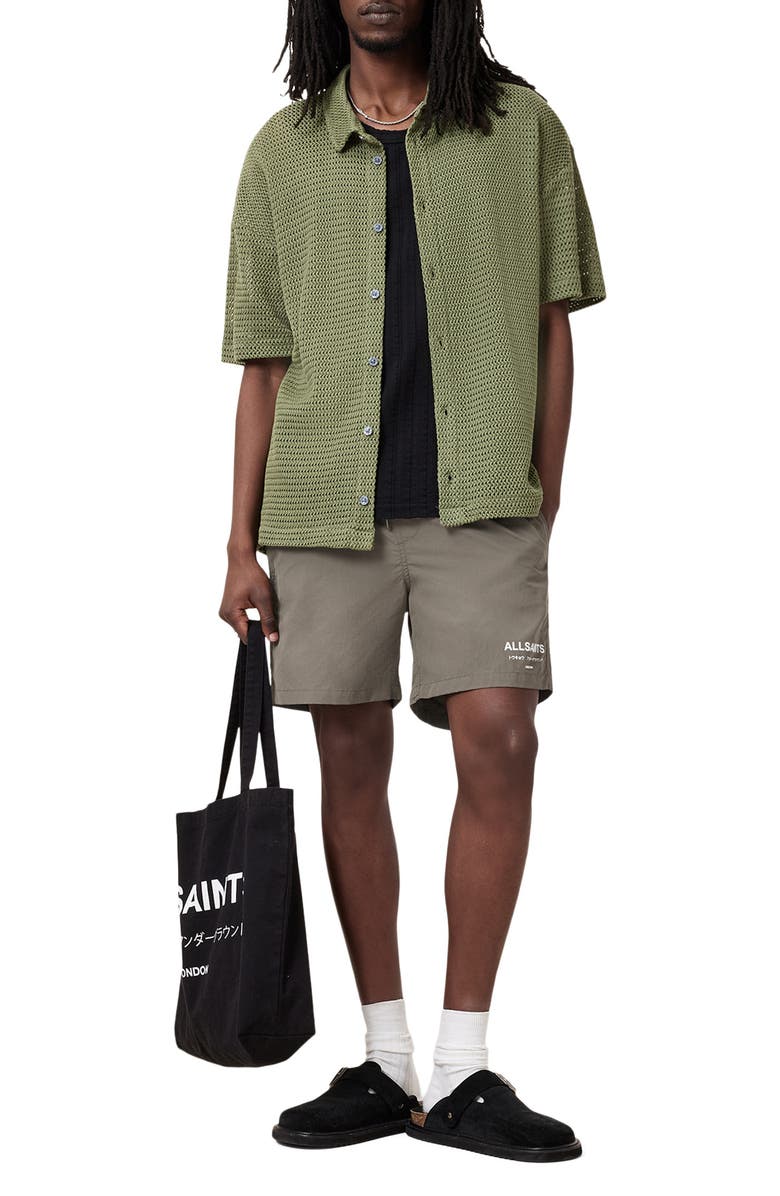 AllSaints Underground Logo Print Swim Trunks, Alternate, color, Ash Khaki Green
