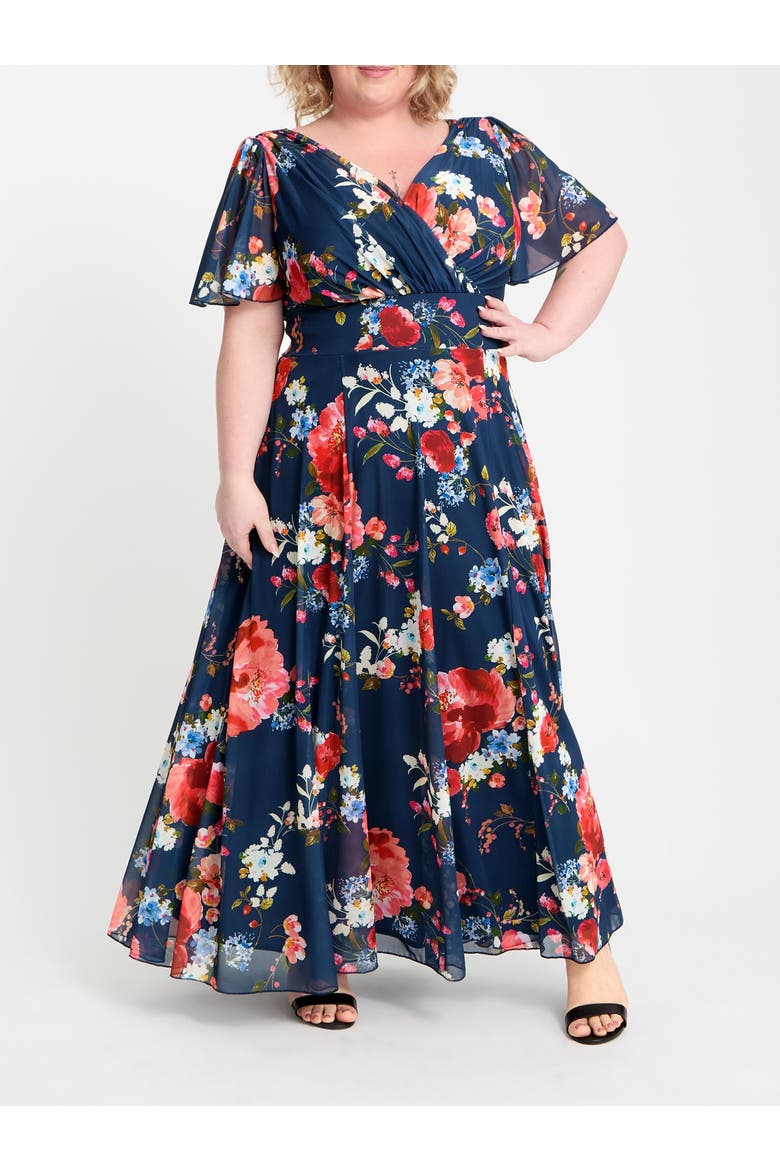 Isabelle Printed Angel Sleeve Maxi Dress, Alternate, color, Navy Red Multi