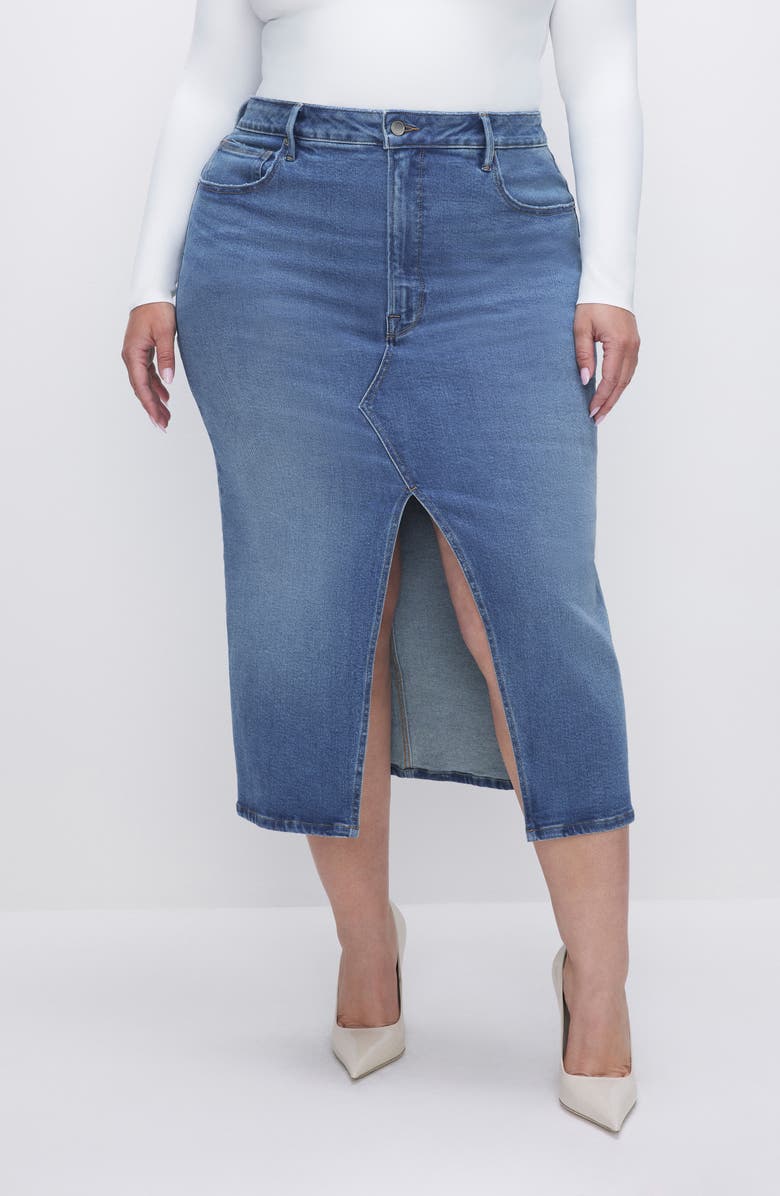 Good American Slit Front Denim Midi Skirt, Alternate, color, Blue691