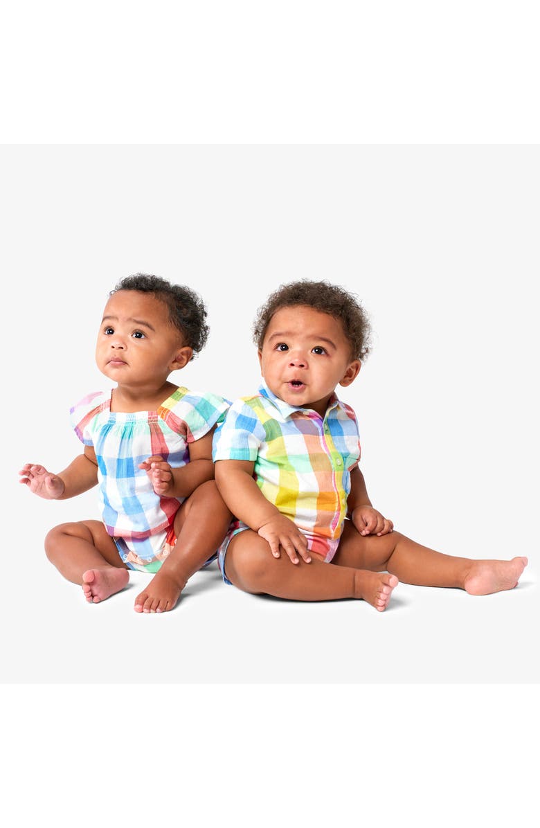 Primary Baby Flutter Sleeve Shortie In Rainbow Gingham, Alternate, color, White Rainbow Check