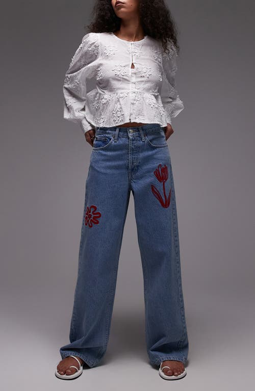 Topshop Embroidered Mid Rise Relaxed Straight Leg Jeans