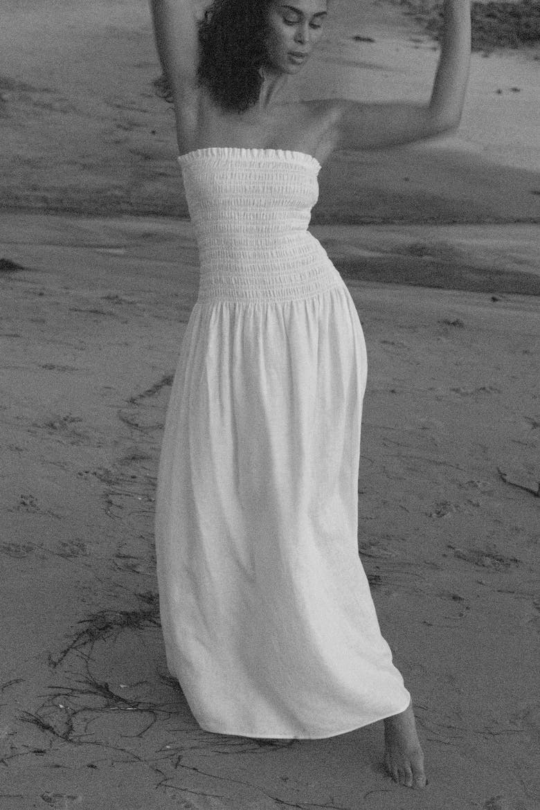 Elle Strapless Smocked Maxi Linen Dress, Alternate, color, White