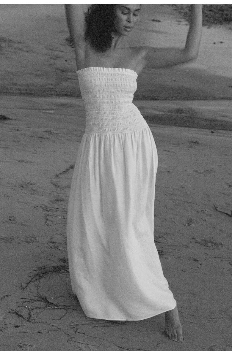 nuaje nuaje Elle Strapless Smocked Maxi Linen Dress, Alternate, color, White