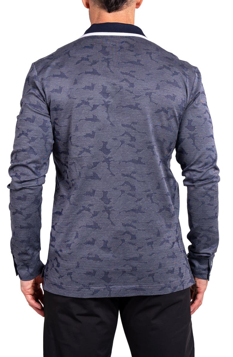 Maceoo Ascension0004 Blue Johnny Collar Long Sleeve Cotton Jacquard Polo, Alternate, color, Blue
