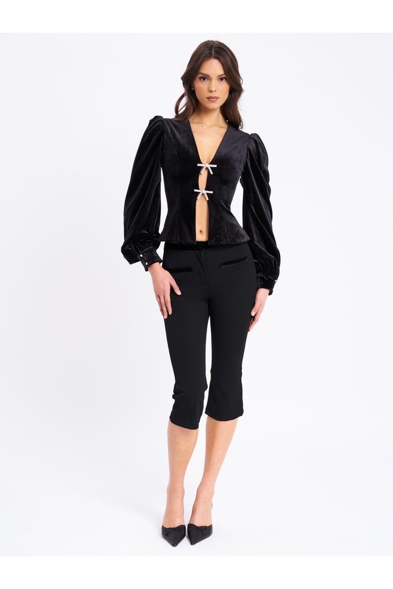 Krista Velvet Lantern Sleeve Top with Crystal Bow, Alternate, color, Black