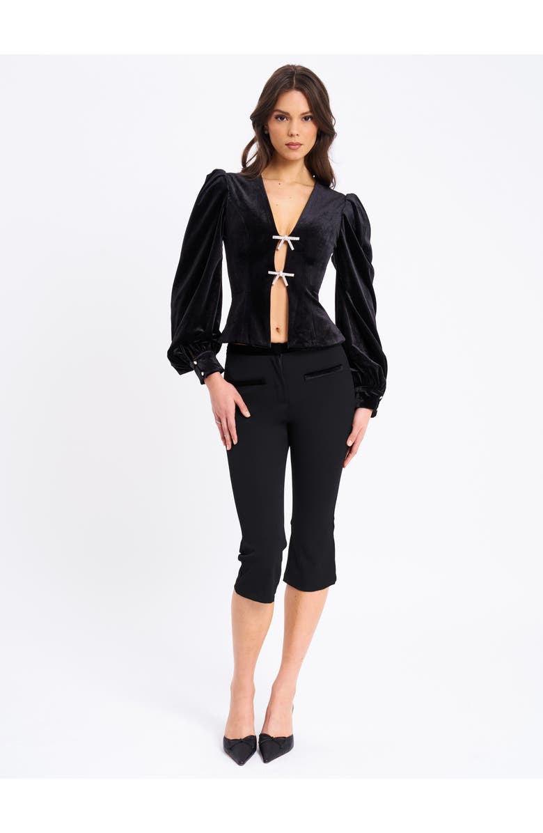 Miss Circle Krista Velvet Lantern Sleeve Top with Crystal Bow, Alternate, color, Black