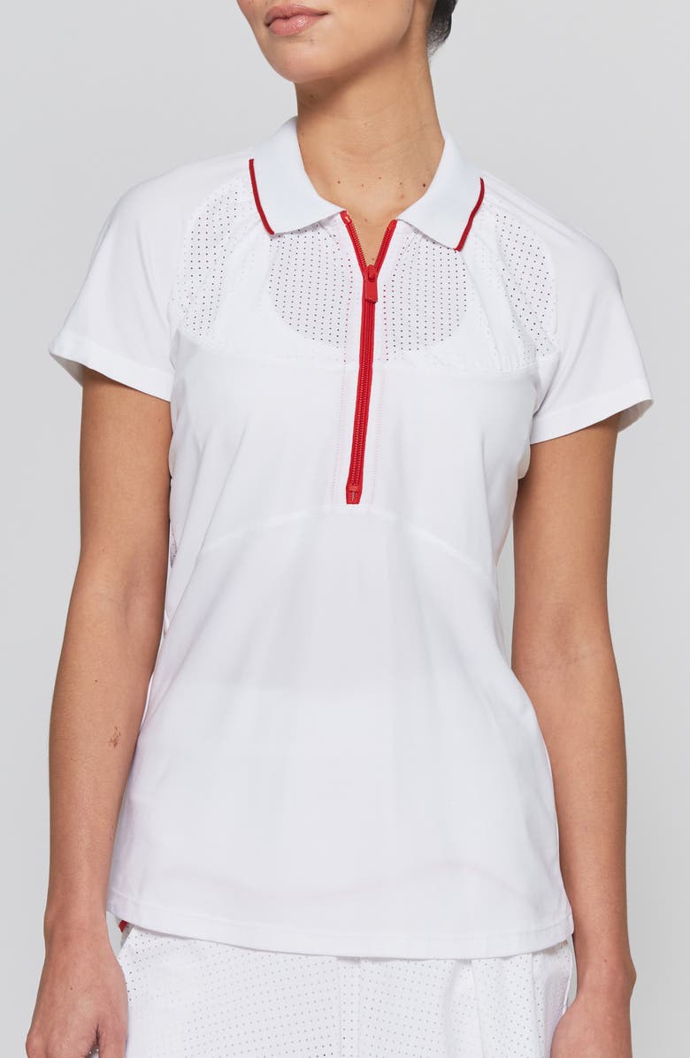 L'ETOILE SPORT MESH ZIP PERFORMANCE POLO, Main, color, White With Red Trim