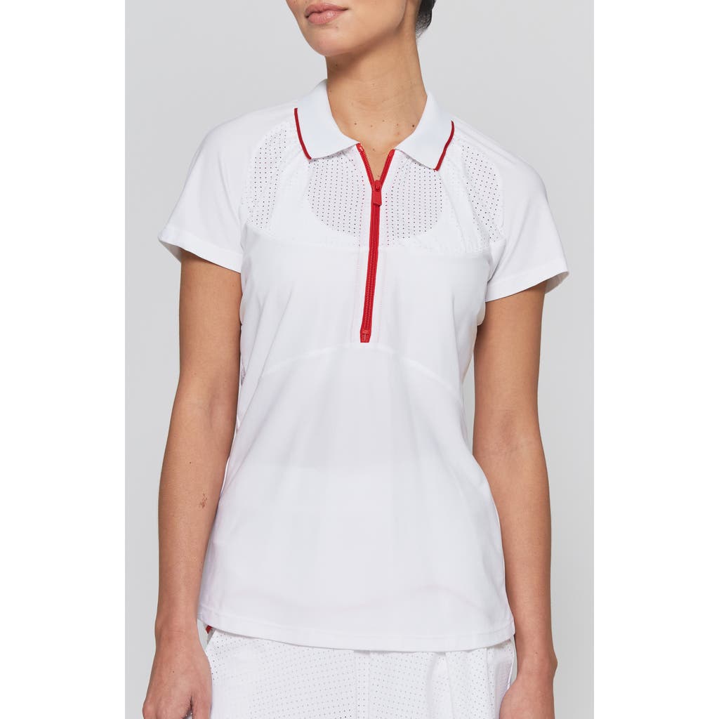 L'ETOILE SPORT MESH ZIP PERFORMANCE POLO in White With Red Trim  product