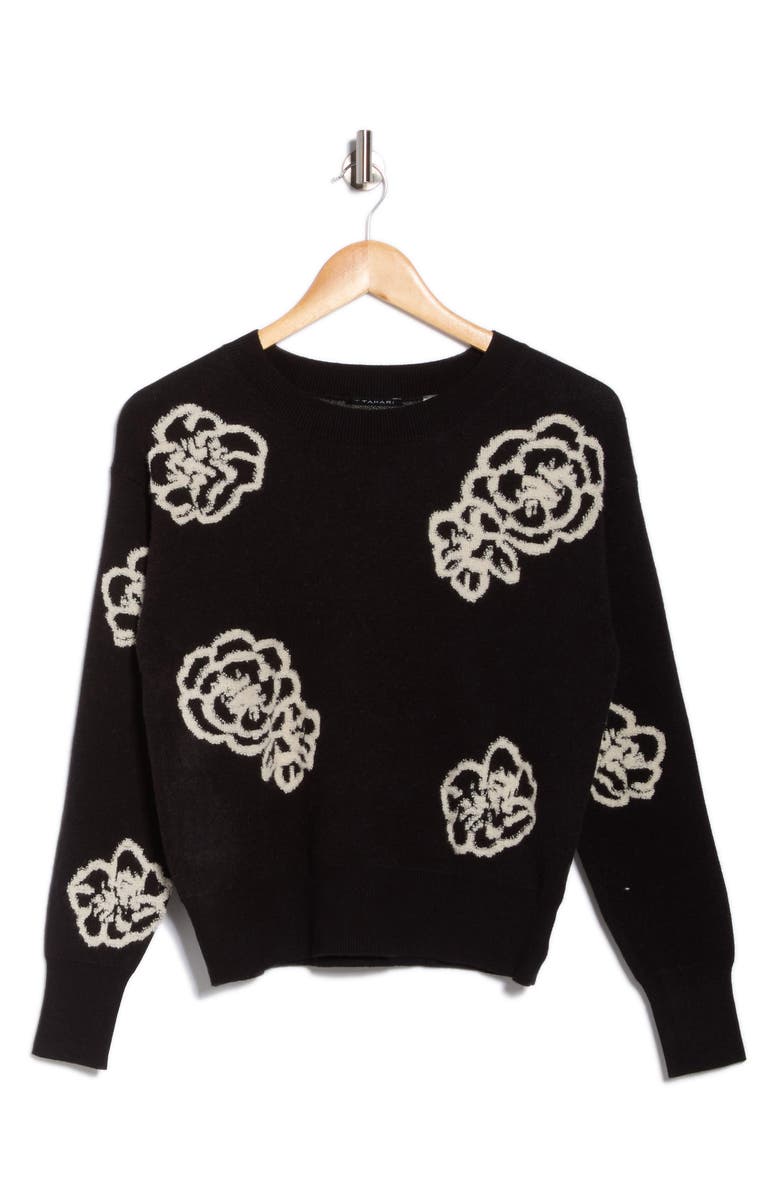T Tahari Floral Crop Sweater, Alternate, color, Black/ Ivory