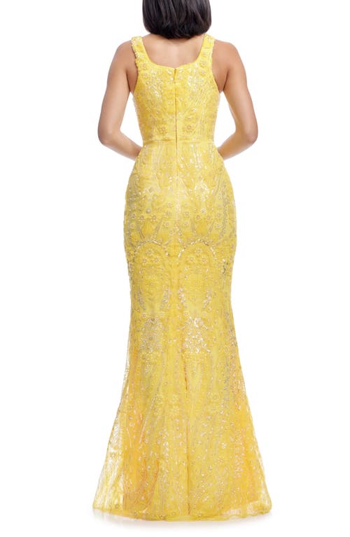 Shop Dress The Population Tyra Beaded Chiffon Mermaid Gown In Canary