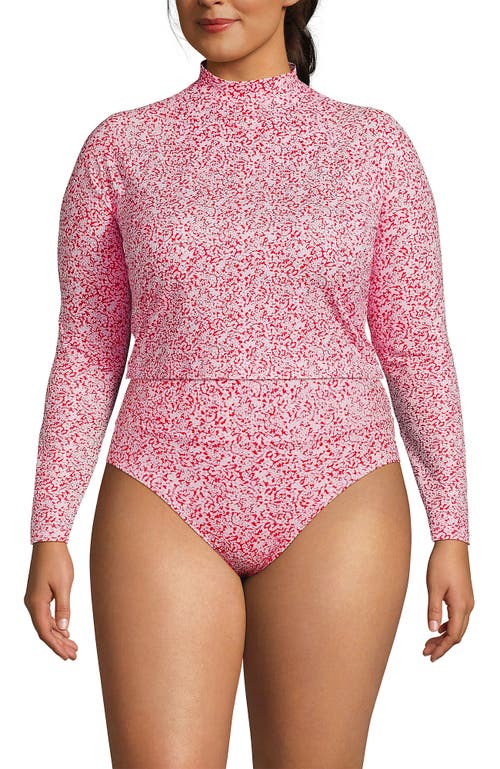 Lands' End Long Sleeve Mock Neck Cropped Upf 50 Sun Protection Rash Guard In Coral Rose/white Ditsy Lilies