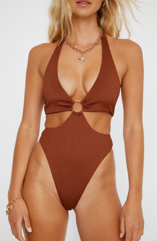 Nasty Gal O-ring Textured One-piece Swimsuit In Chocolate