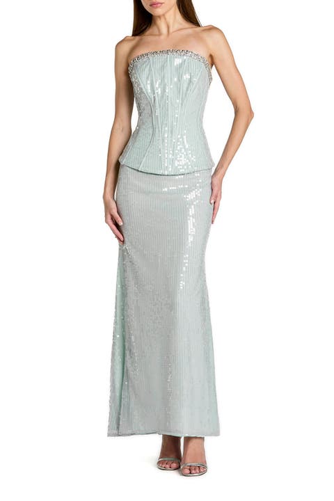 Strapless Sequin Peplum Gown With Rhinestone Trim