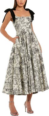 Mac Duggal Brocade A Line Midi Dress With Bow Straps