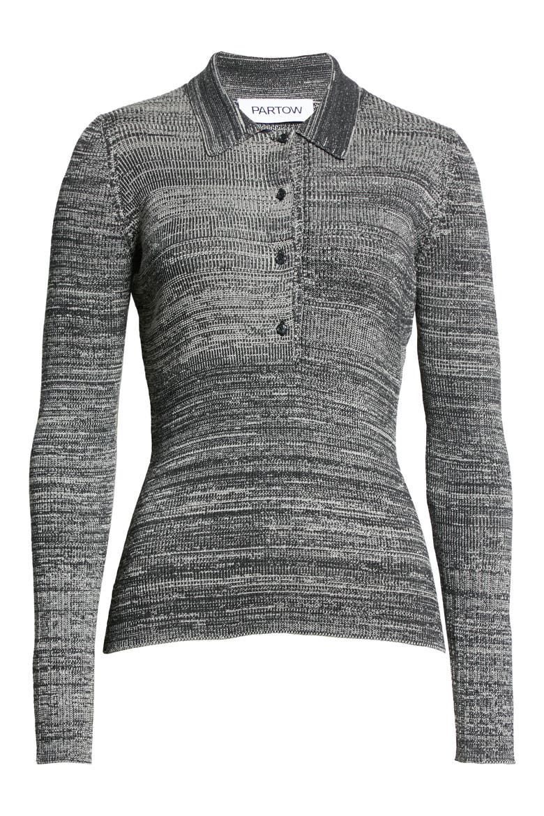 Josie Silk & Cotton Long Sleeve Rib Polo, Alternate, color, BLACK
