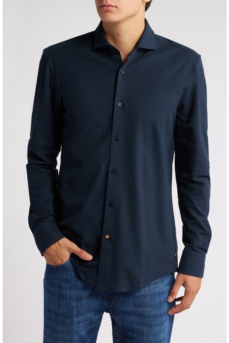 Hank Slim Fit Solid Performance Cotton Piqué Dress Shirt, Main, color, DARK BLUE