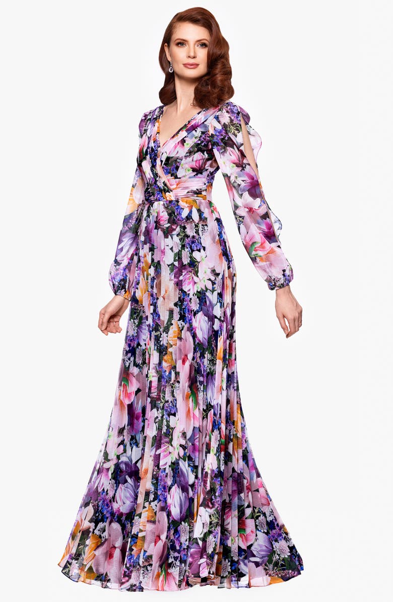 Betsy & Adam Metallic Floral Pleated Long Sleeve Gown, Alternate, color, 