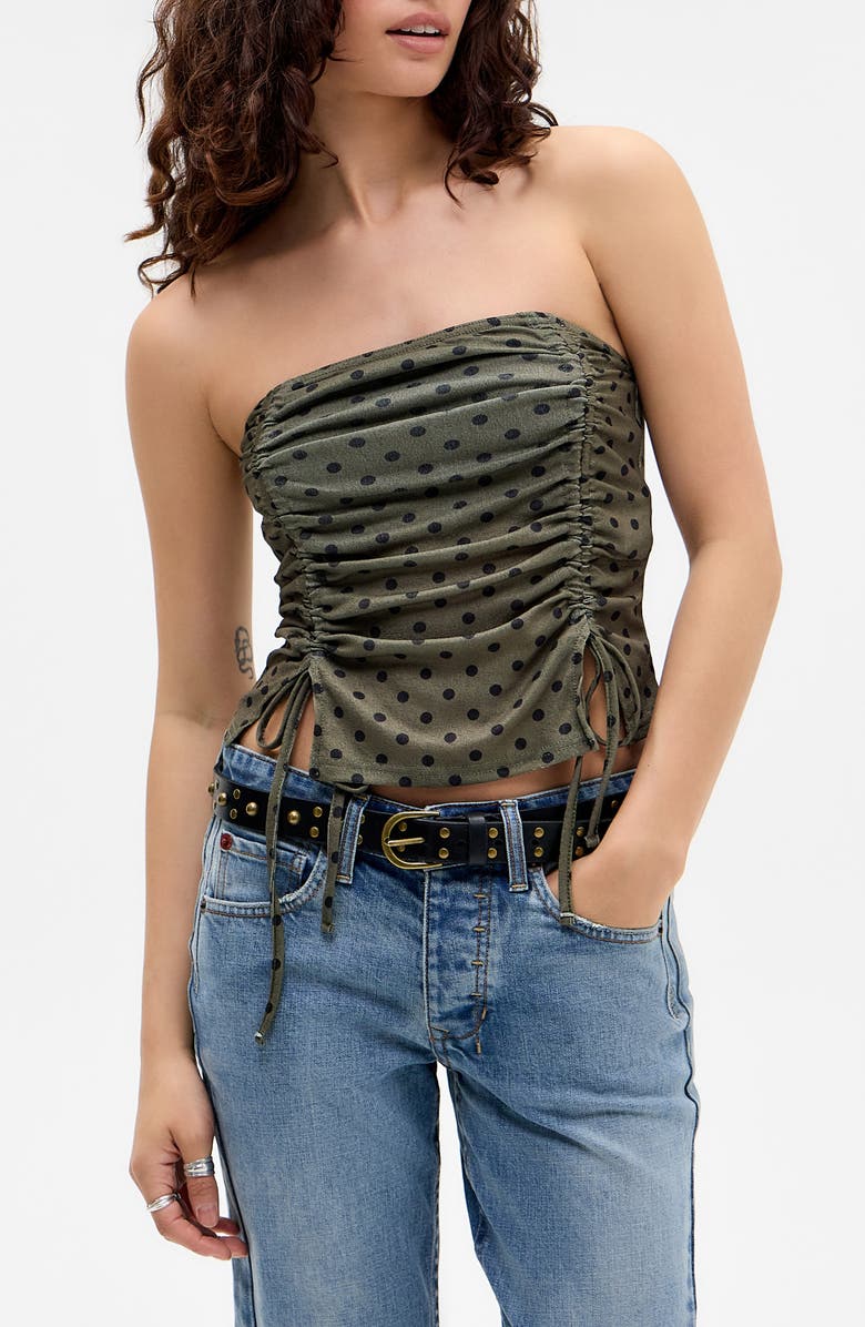 BDG Urban Outfitters Polka Dot Double Ruched Bandeau Top, Main, color, Green Polka Dot