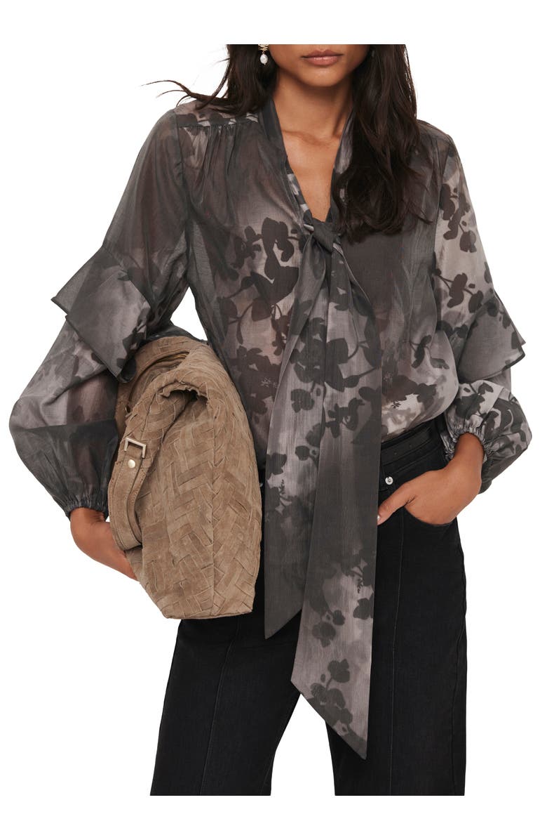 MINT VELVET Floral Tie-Neck Sheer Blouse with Ruffle Sleeves, Main, color, Black