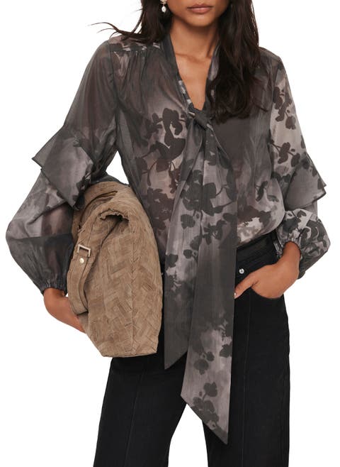 Floral Tie-Neck Sheer Blouse with Ruffle Sleeves