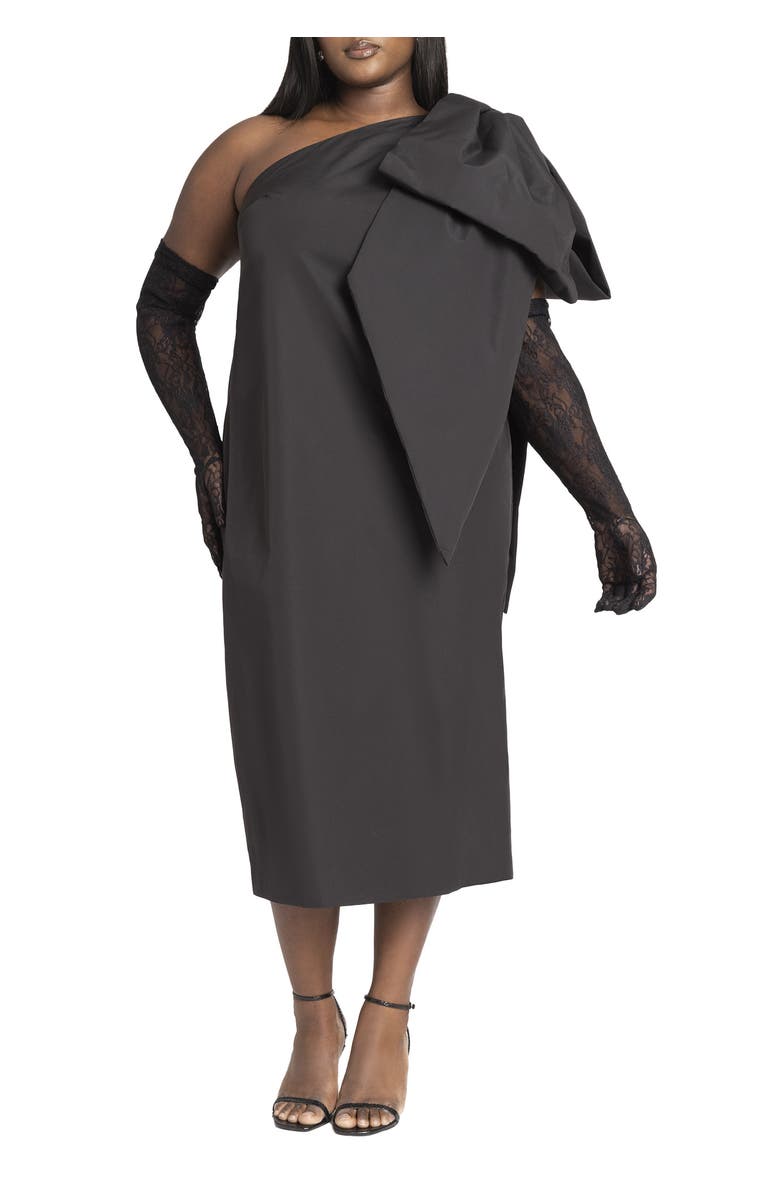 ELOQUII One Shoulder Bow Column Dress, Main, color, Black Onyx