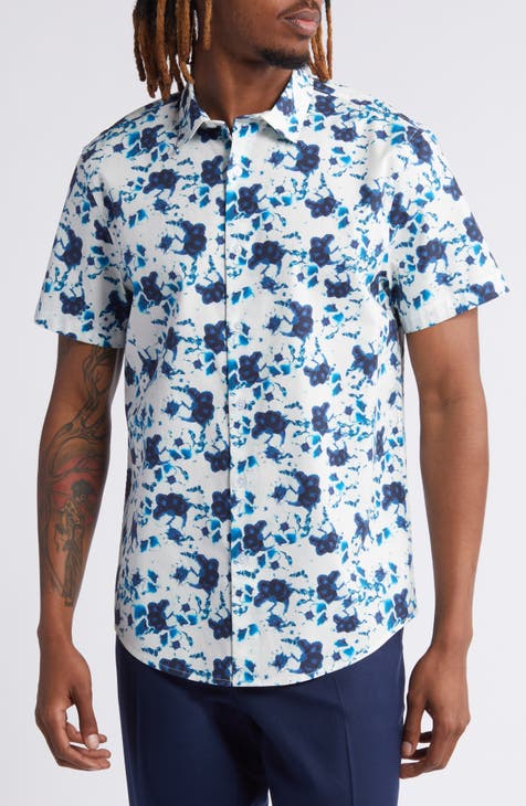 Floral Short Sleeve Stretch Cotton Button-Up Shirt