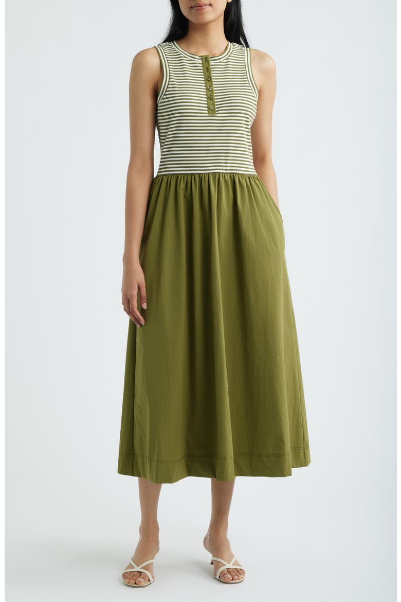Stripe Mixed Media Midi Dress, Main, color, CREAM / FIR GREEN