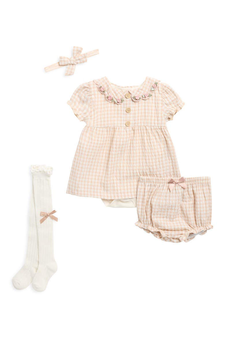 Gingham Skirted Bodysuit, Bloomers, Socks & Headband Set, Main, color, SMOKE GREY