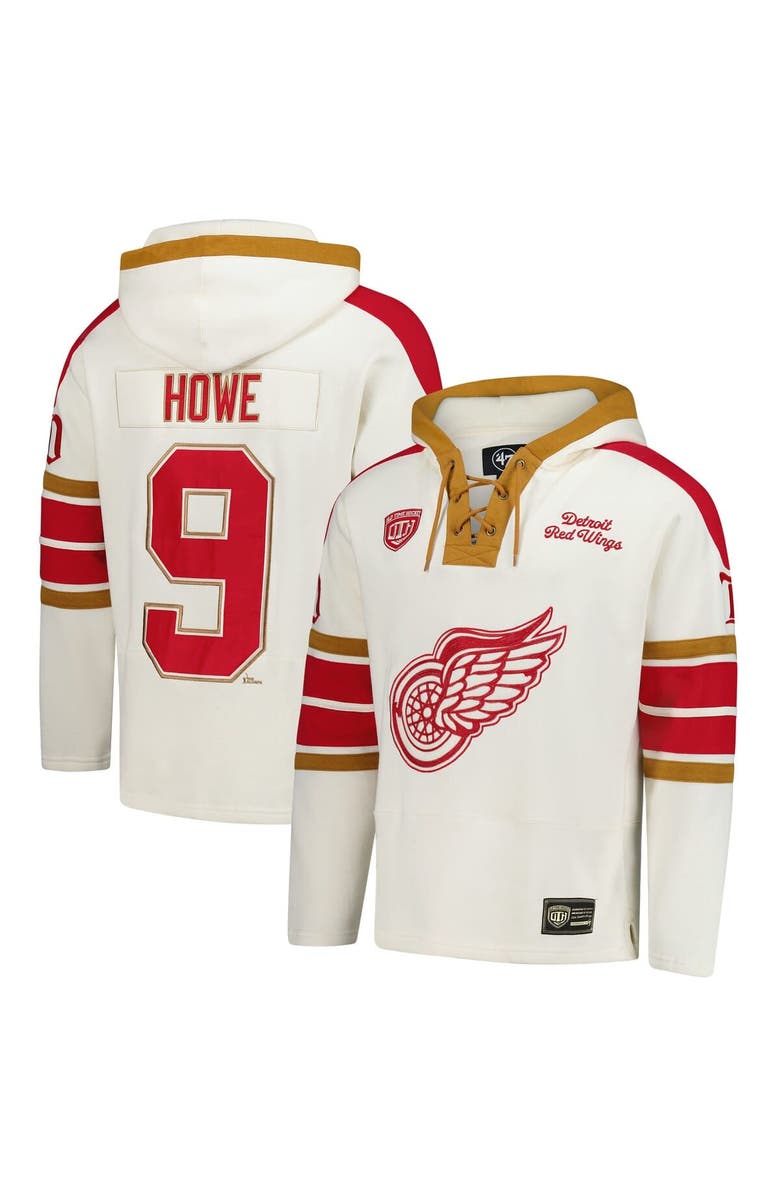 '47 Men's '47 Gordie Howe Cream Detroit Red Wings Blue Line Heritage Name & Number Lace-Up Pullover Hoodie, Main, color, 